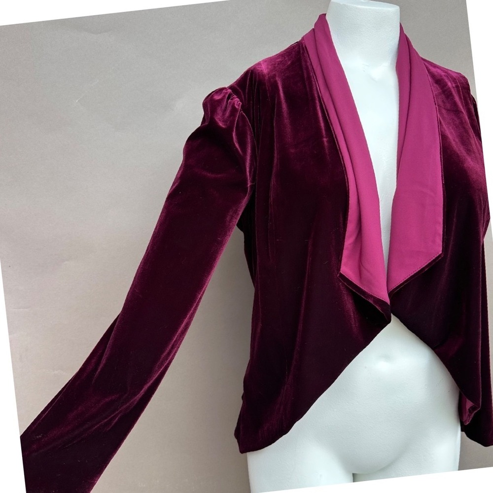 Anthropologie Elizabeth Gillett Jacket M Wine Velvet Silk Open Drape Boho Luxury